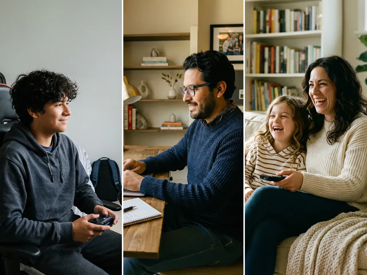 Una imagen de tres paneles que muestra a un adolescente jugando videojuegos, a un hombre trabajando en una computadora portátil y a una mujer con una niña pequeña riendo mientras ven la televisión.